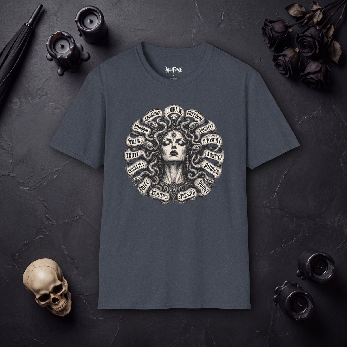 Medusa Wisdom T-Shirt — Courage, Freedom, Dignity Graphic Tee