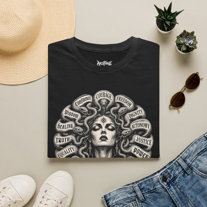 Medusa Wisdom T-Shirt — Courage, Freedom, Dignity Graphic Tee