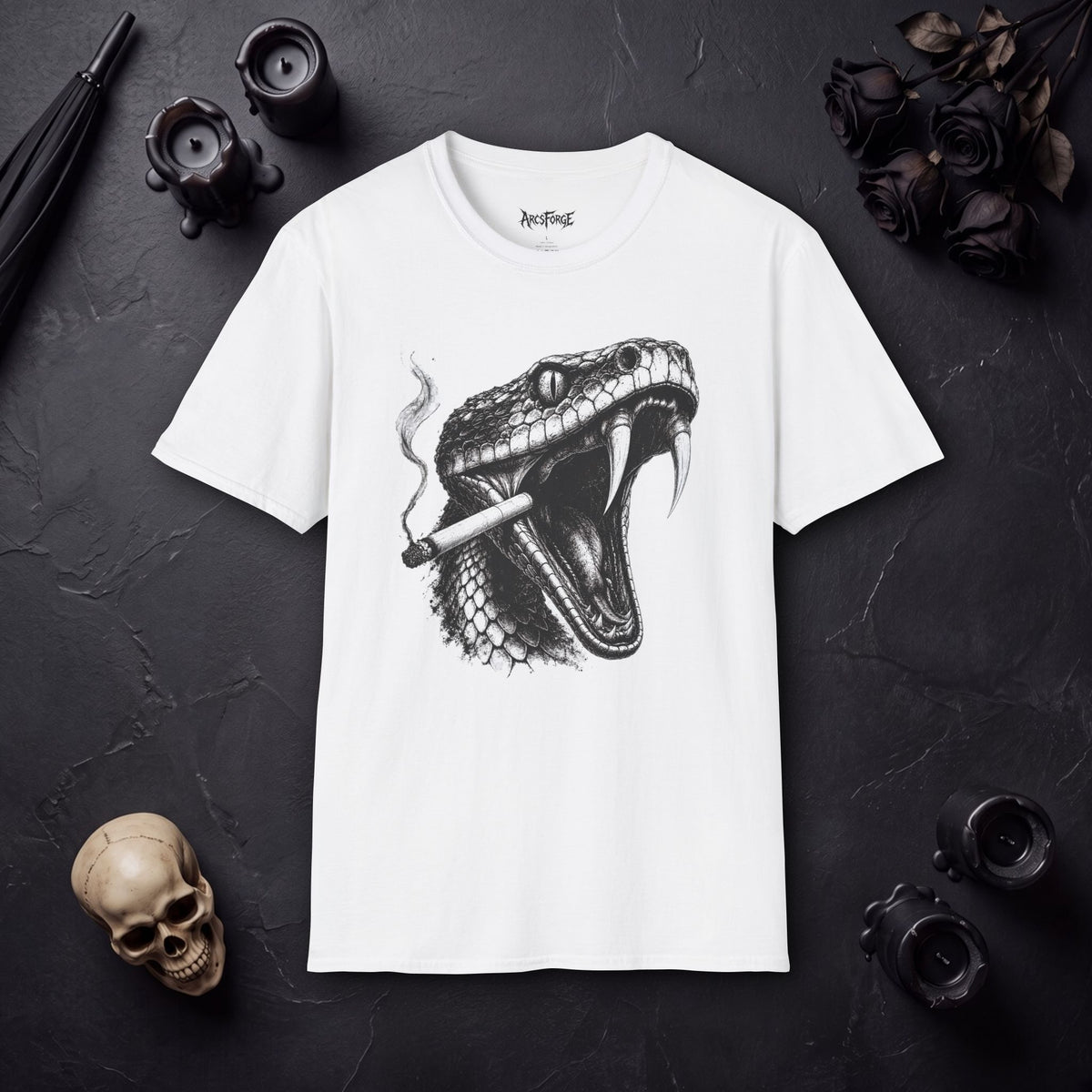 Snake Head Graphic T-Shirt — Black & White Rattlesnake Art Tee