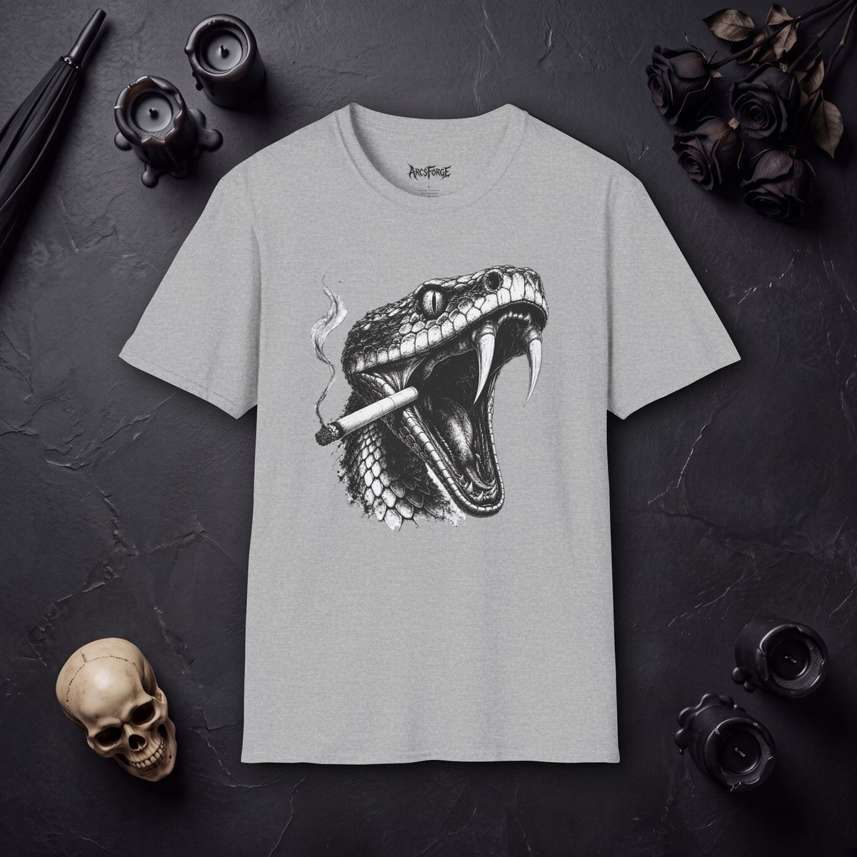 Snake Head Graphic T-Shirt — Black & White Rattlesnake Art Tee