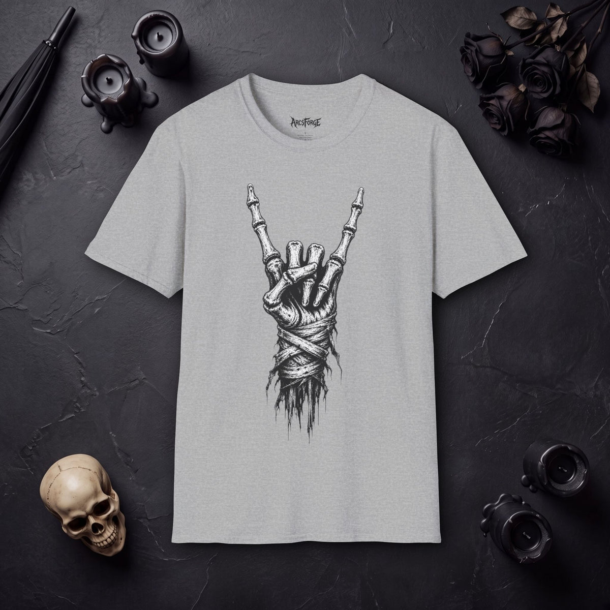 Skeleton Hand Rock Tee — Skull Metal Horns Graphic T-Shirt