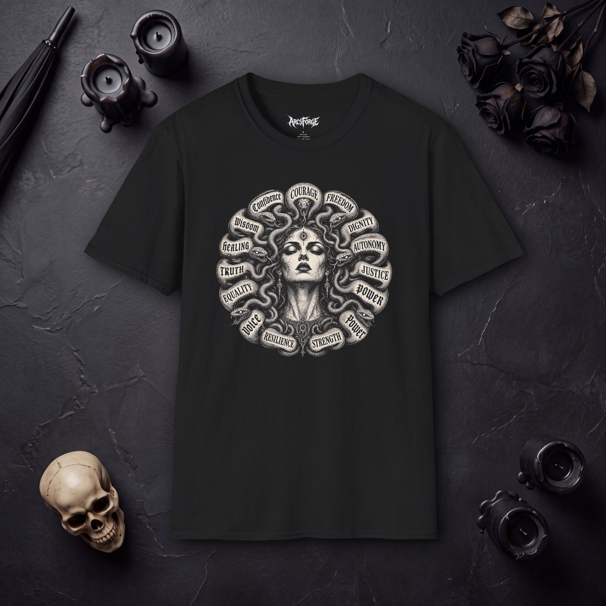 Medusa Wisdom T-Shirt — Courage, Freedom, Dignity Graphic Tee