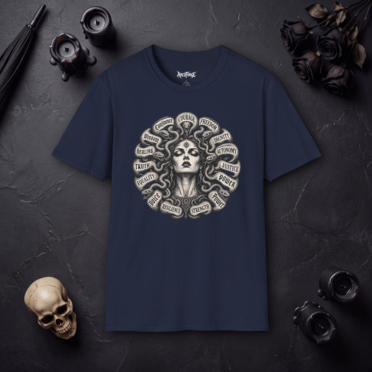 Medusa Wisdom T-Shirt — Courage, Freedom, Dignity Graphic Tee