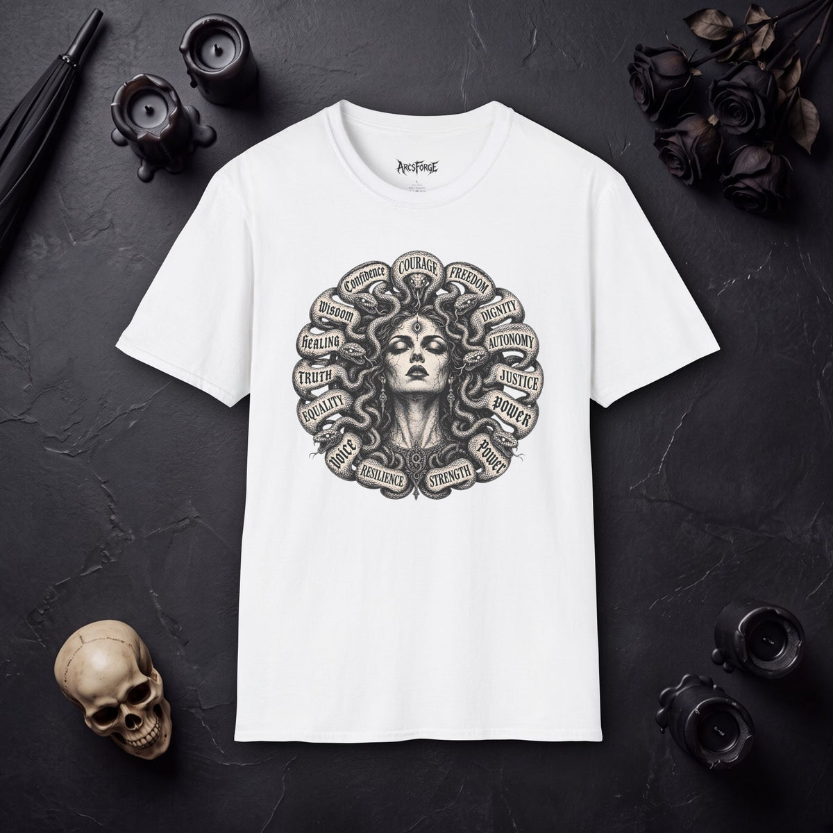 Medusa Wisdom T-Shirt — Courage, Freedom, Dignity Graphic Tee