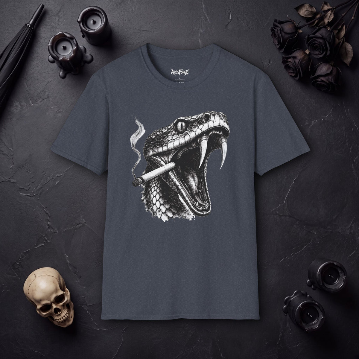 Snake Head Graphic T-Shirt — Black & White Rattlesnake Art Tee