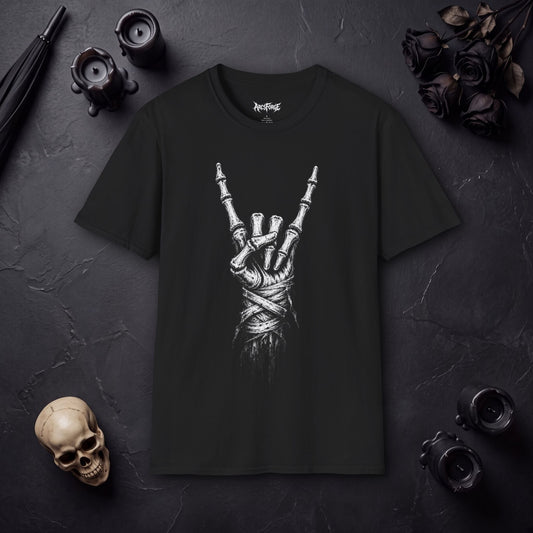 Skeleton Hand Rock Tee — Skull Metal Horns Graphic T-Shirt