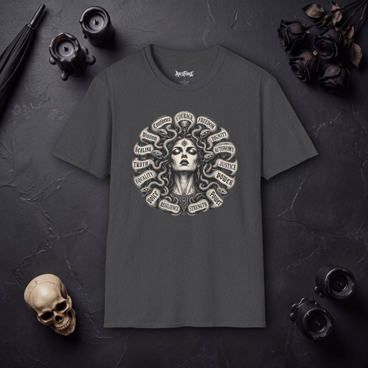Medusa Wisdom T-Shirt — Courage, Freedom, Dignity Graphic Tee