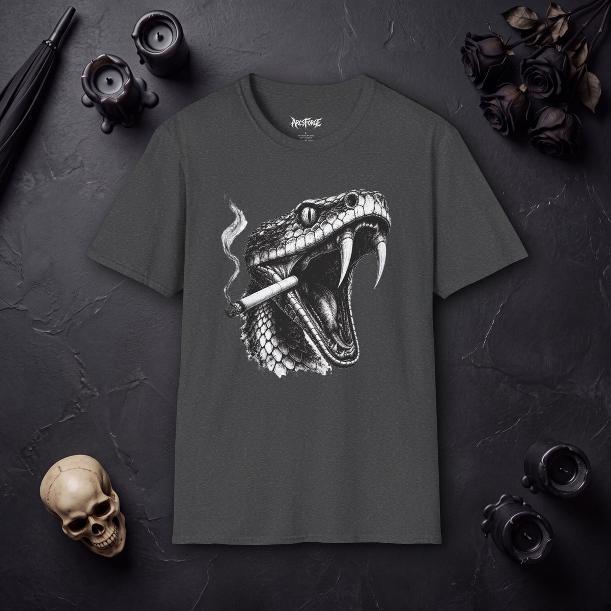 Snake Head Graphic T-Shirt — Black & White Rattlesnake Art Tee