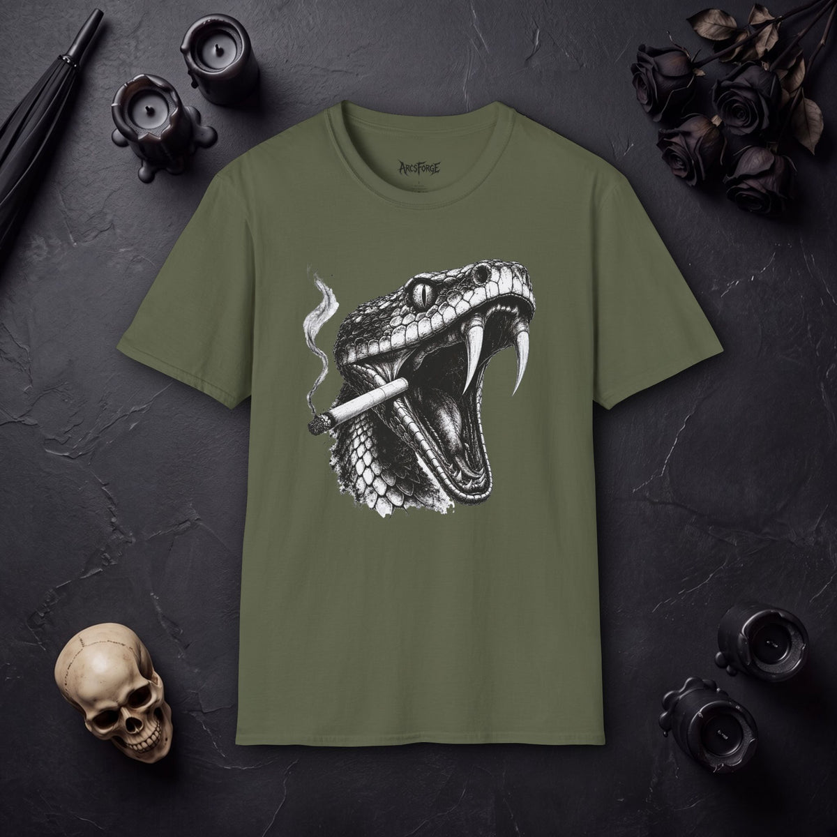 Snake Head Graphic T-Shirt — Black & White Rattlesnake Art Tee