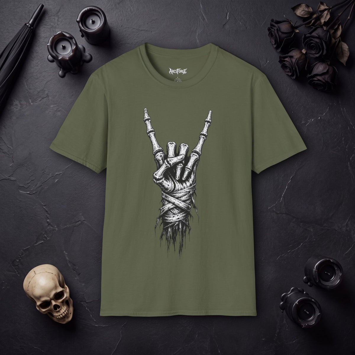 Skeleton Hand Rock Tee — Skull Metal Horns Graphic T-Shirt