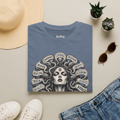 Medusa Wisdom T-Shirt — Courage, Freedom, Dignity Graphic Tee