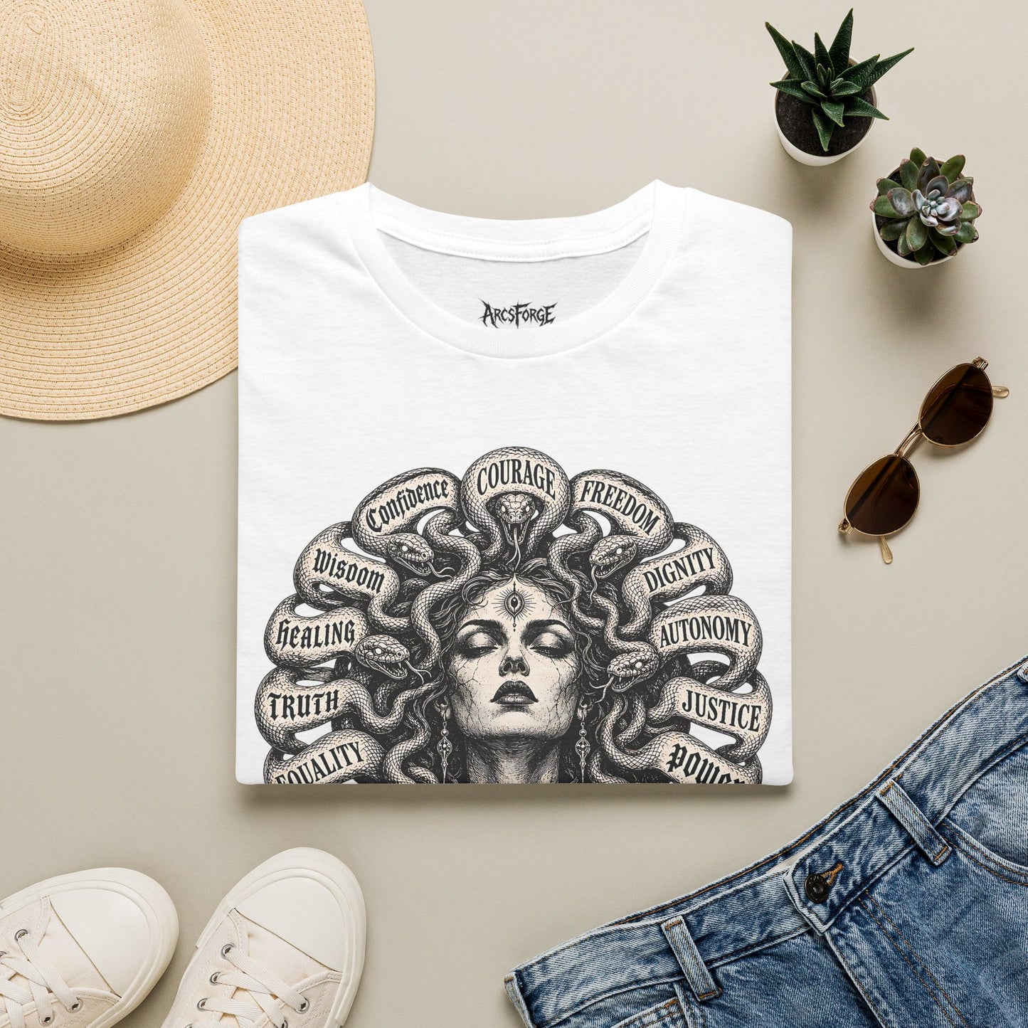 Medusa Wisdom T-Shirt — Courage, Freedom, Dignity Graphic Tee
