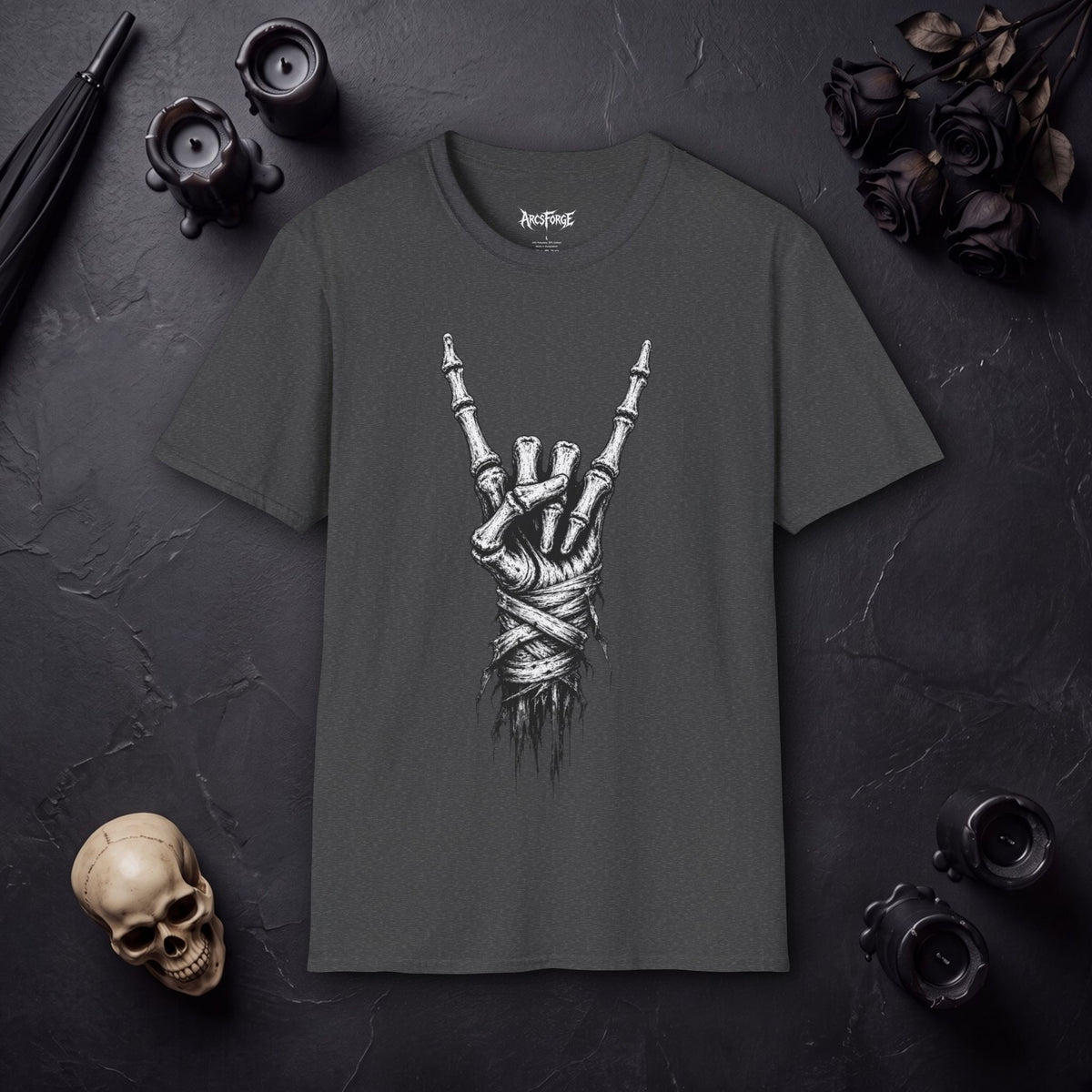Skeleton Hand Rock Tee — Skull Metal Horns Graphic T-Shirt