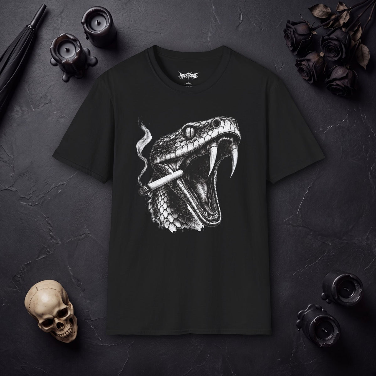 Snake Head Graphic T-Shirt — Black & White Rattlesnake Art Tee
